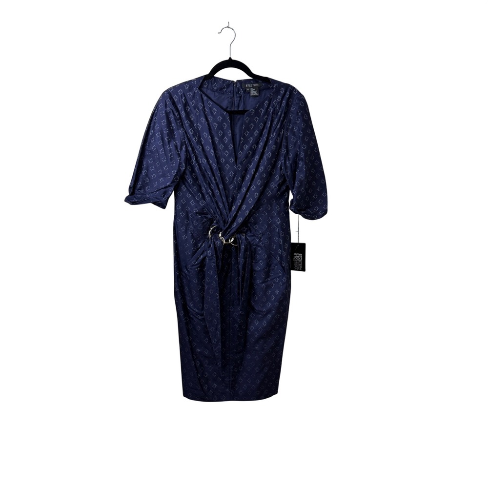Etcetera Navy Blue 100% Silk Geometric Print Ring Knot Sheath Dress Womens 6 NWT